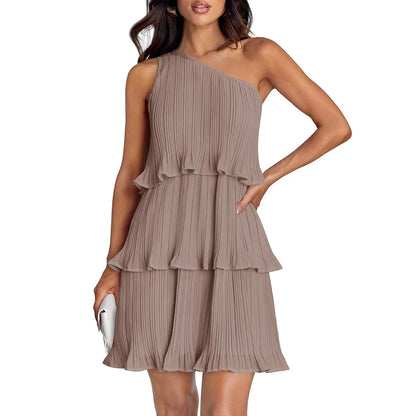Women’s One-Shoulder Midi Dress – Pleated Chiffon – Tiered Skirt – Flowy Fit