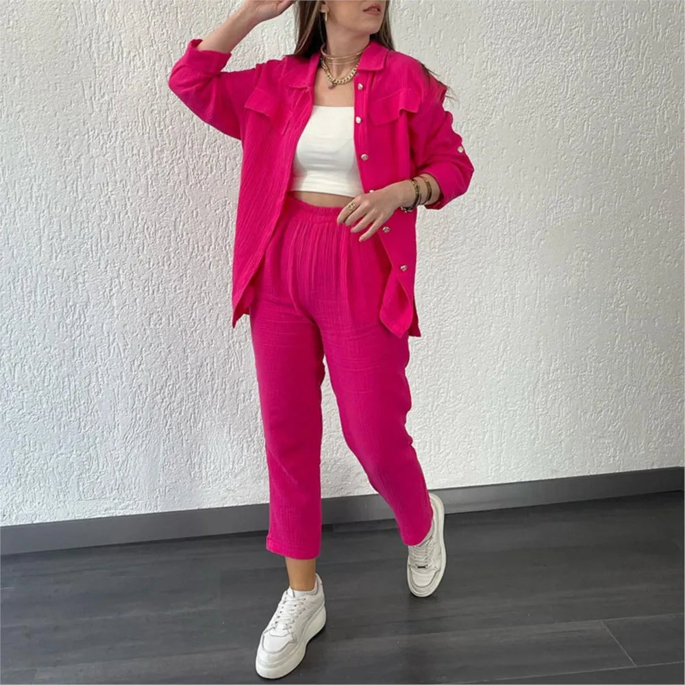 Women's casual long sleeve shirt and loose button pants set