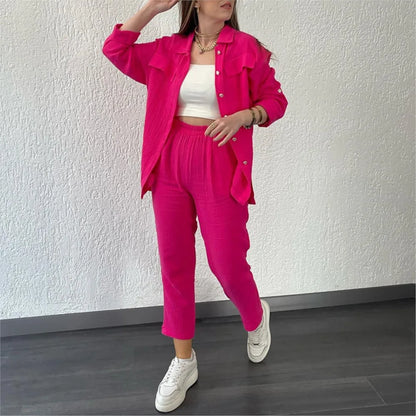 Women's casual long sleeve shirt and loose button pants set
