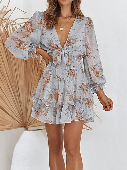 Women's Dress - Deep V-Neck Tie Front - Long Sheer Sleeves - Ruffle Hem Elegant Fit