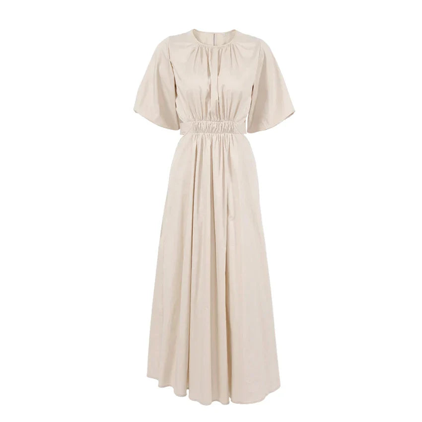 Women's Midi Dress - Puff Sleeve - Cut-Out Waist - A-Line Flowy Silhouette