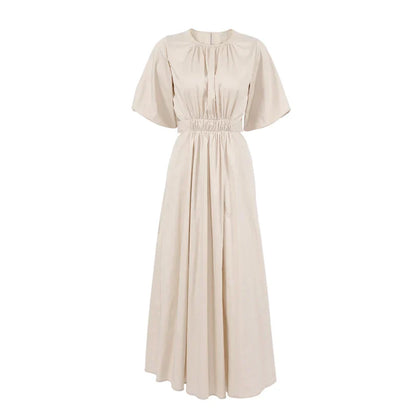 Women's Midi Dress - Puff Sleeve - Cut-Out Waist - A-Line Flowy Silhouette
