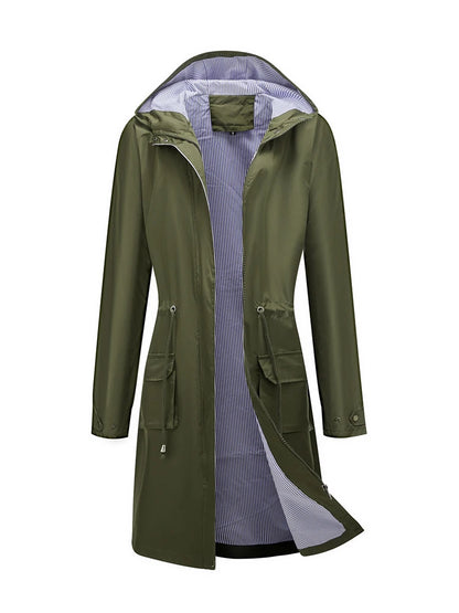 Women's waterproof hooded trench coat with striped lining