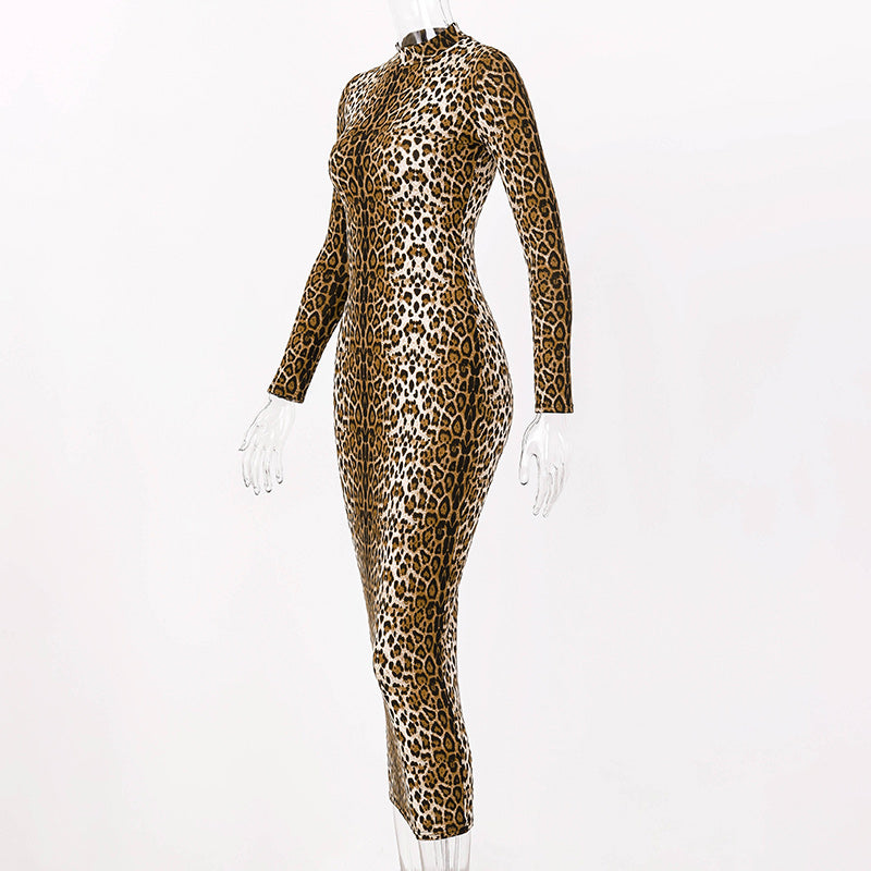 Women's Long Sleeve Animal Print Maxi Dress
