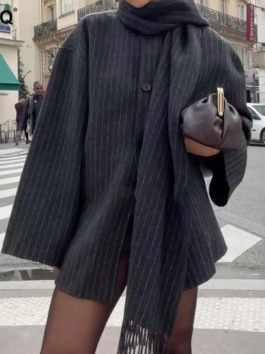 Striped Wool Relaxed Fit Short Jacket 