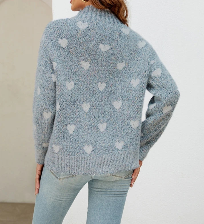 Women's heart-shaped half-turtleneck sweater with long sleeves