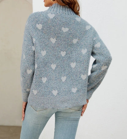 Women's heart-shaped half-turtleneck sweater with long sleeves