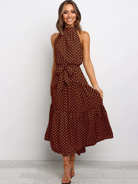 Polka Dot Tiered Waist Tie Midi Dress