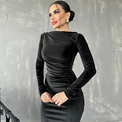 Women's Bodycon Dress - Long Sleeve Stretch Fit - Ruched Detailing Elegant Wear