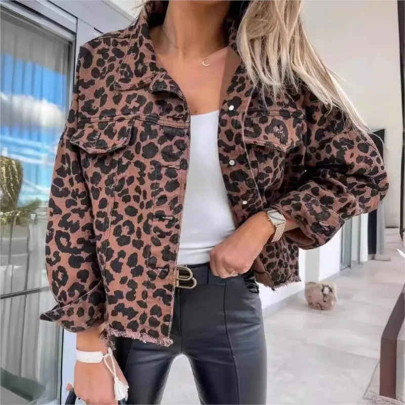 Leopard print denim jacket for women