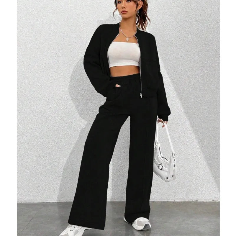 Women's casual zipper bomber jacket and wide leg pants set