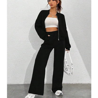 Women's casual zipper bomber jacket and wide leg pants set