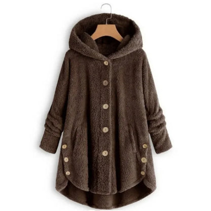 Women’s Fleece Jacket – Relaxed Fit – Hooded – Button Front – Long Back Hem – Pockets