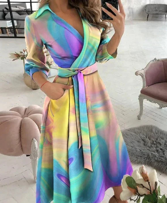 Women's Wrap Dress - V-Neck Tie Waist - Butterfly Print - A-Line 3/4 Sleeve