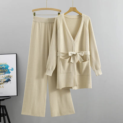 Women's autumn winter knit cardigan wide leg pants sets