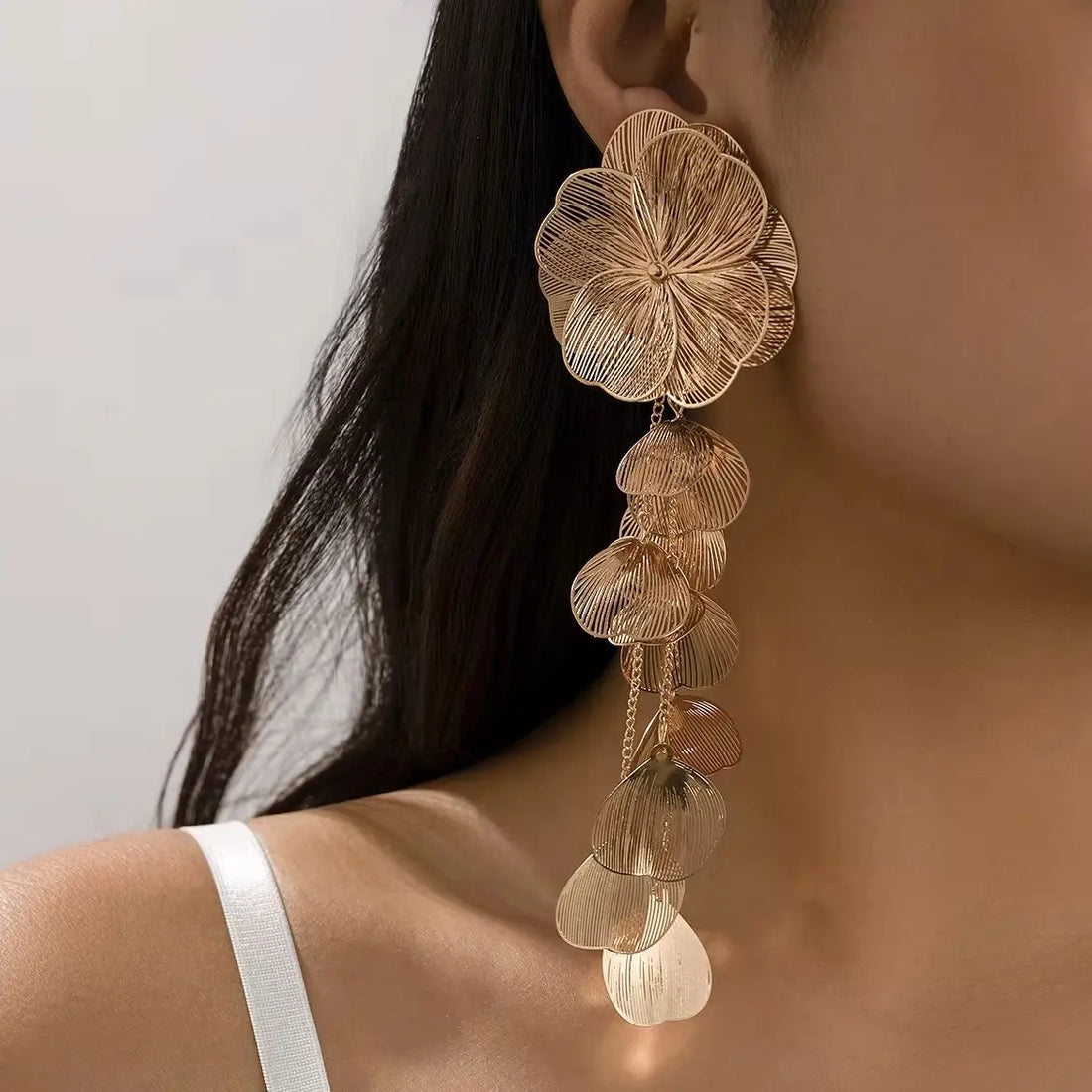 Leaf petal flower drop earrings with long tassel