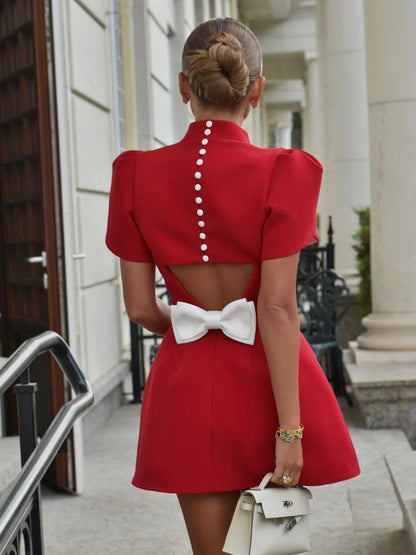 Women's Mini Dress - Fitted Silhouette - High Collar - Layered Short Sleeves - Elegant Style