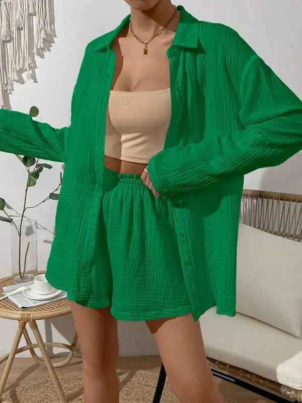 Women's 2-piece long sleeve shirt & high waist mini shorts set