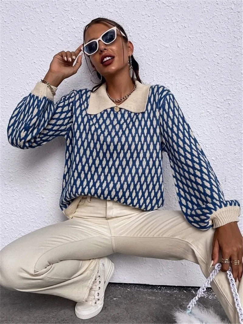 Women's vintage oversized knitwear plaid collar sweater