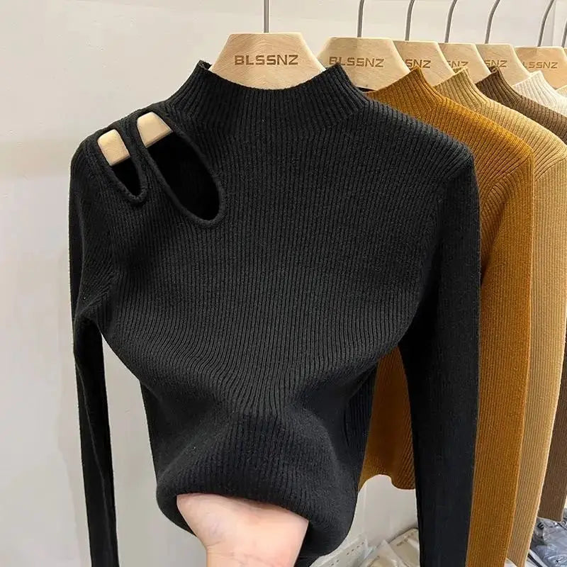 Women's half turtleneck hollow knitted top