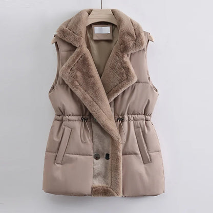 Ava Quilted Collared Puffer Vest | Fur Trim Drawstring Puffer Vest