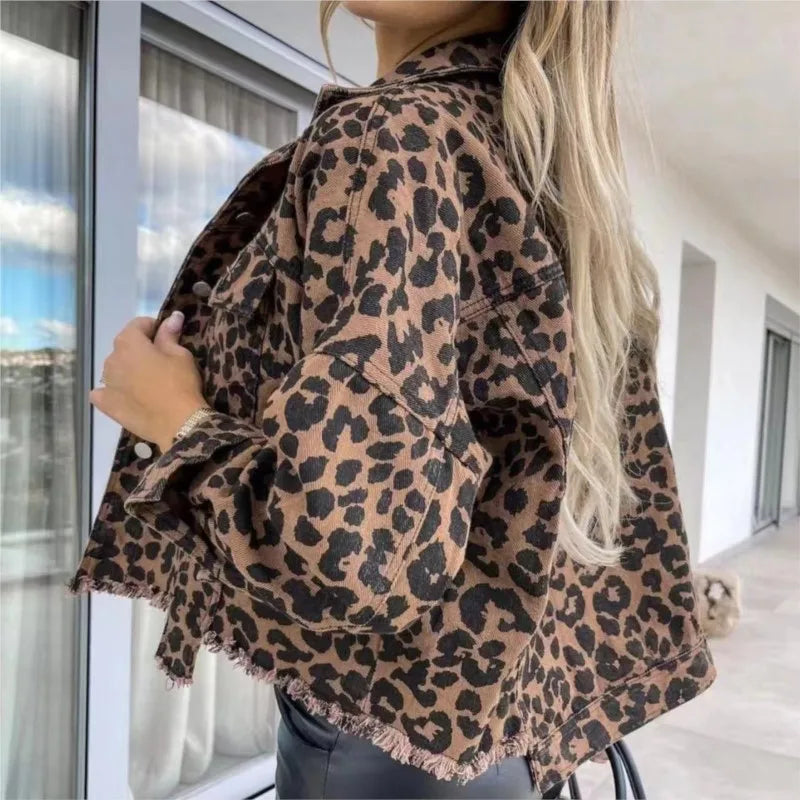 Leopard print denim jacket for women