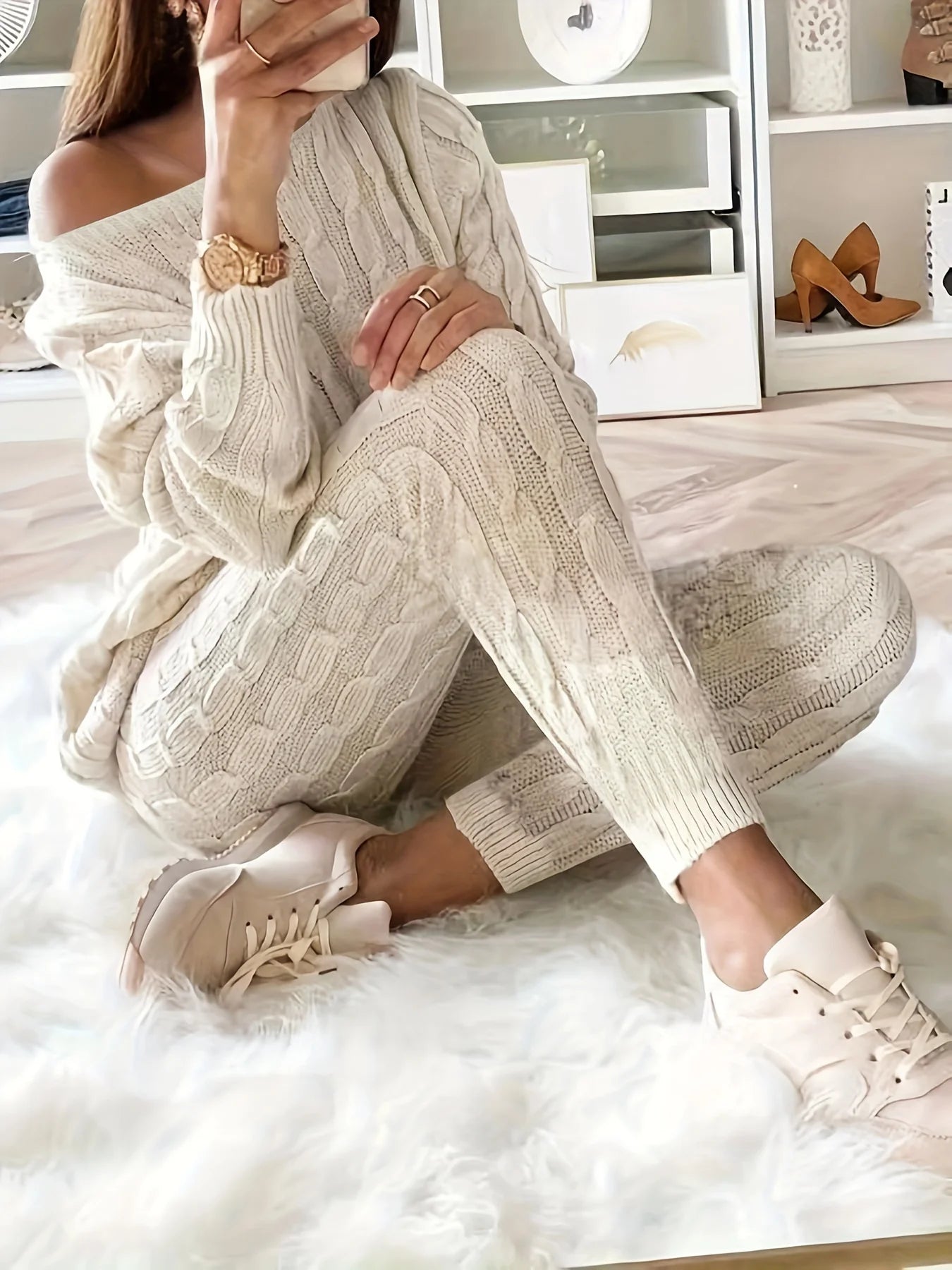 Women's casual knitted sweater and elastic pants set