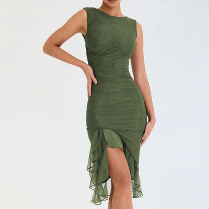 Women's Bodycon Midi Dress - Sleeveless Round Neck - Asymmetrical Ruffle Hem