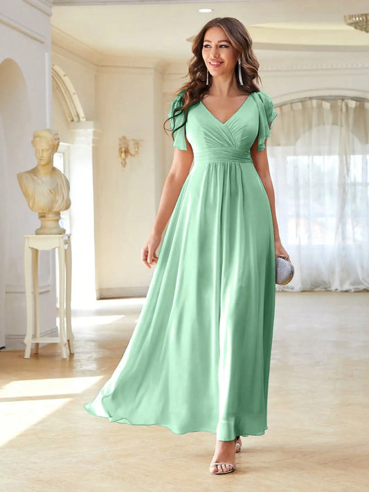 Satin A-Line Flutter Sleeve Evening Gown