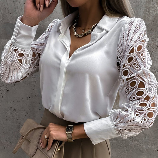 Lace Sleeve Button Down Elegant Blouse