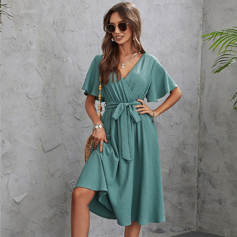 Women's Wrap Dress - V-Neck Midi - Short Flutter Sleeves - Adjustable Tie Waist