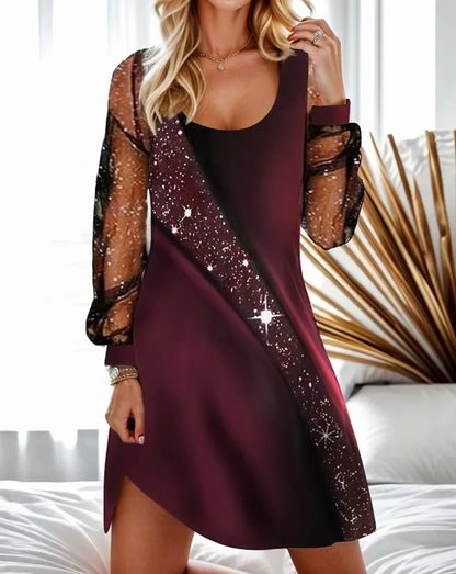 Women's Midi Dress - Sheer Long Sleeves - Scoop Neck - A-Line Elegant Fit