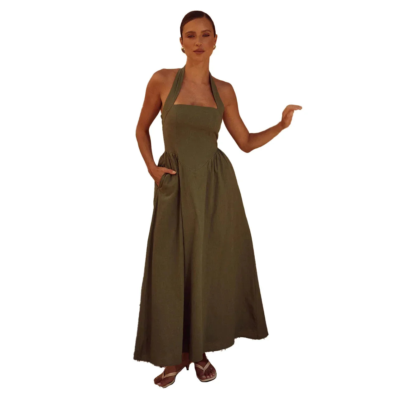 Women's halter neck backless dress with A-line midi skirt