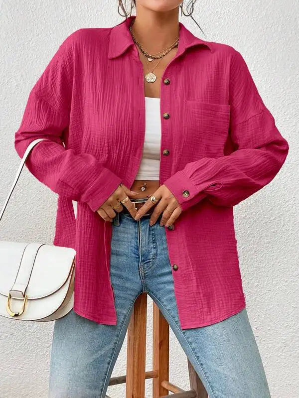 Women's Button-Up Shirt - Lightweight Crinkled Fabric - Relaxed Fit - Long Sleeve