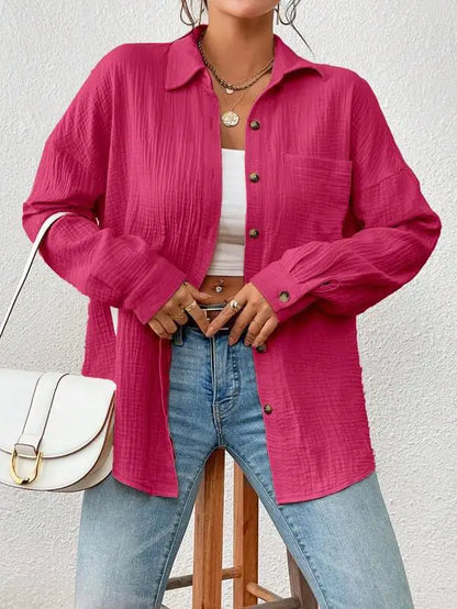 Women's Button-Up Shirt - Lightweight Crinkled Fabric - Relaxed Fit - Long Sleeve