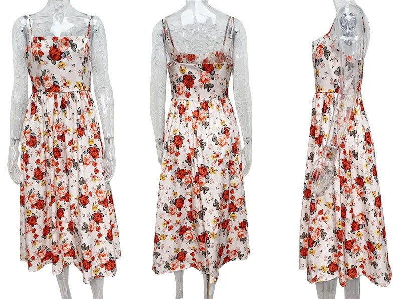 Women’s A-line Dress – Cotton Blend – Floral Print – Spaghetti Straps – Backless – Midi Length