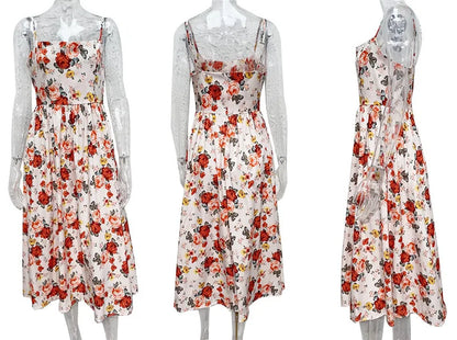 Women’s A-line Dress – Cotton Blend – Floral Print – Spaghetti Straps – Backless – Midi Length