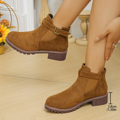 Women's winter buckle boots round toe chunky heels