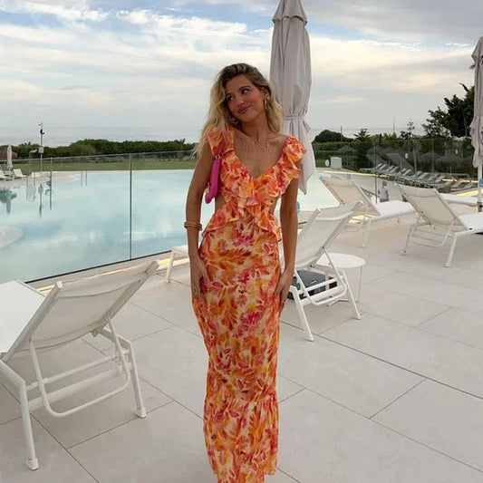 Ruffled Sleeve Flowy Elegant Maxi Dress