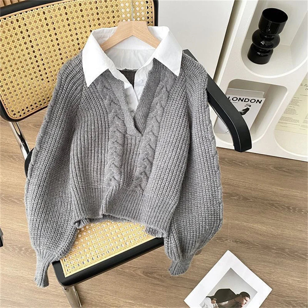 Cable Knit Layered Collar V-Neck Sweater
