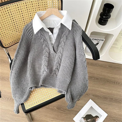 Women’s cable knit sweater with V-neck and layered collar