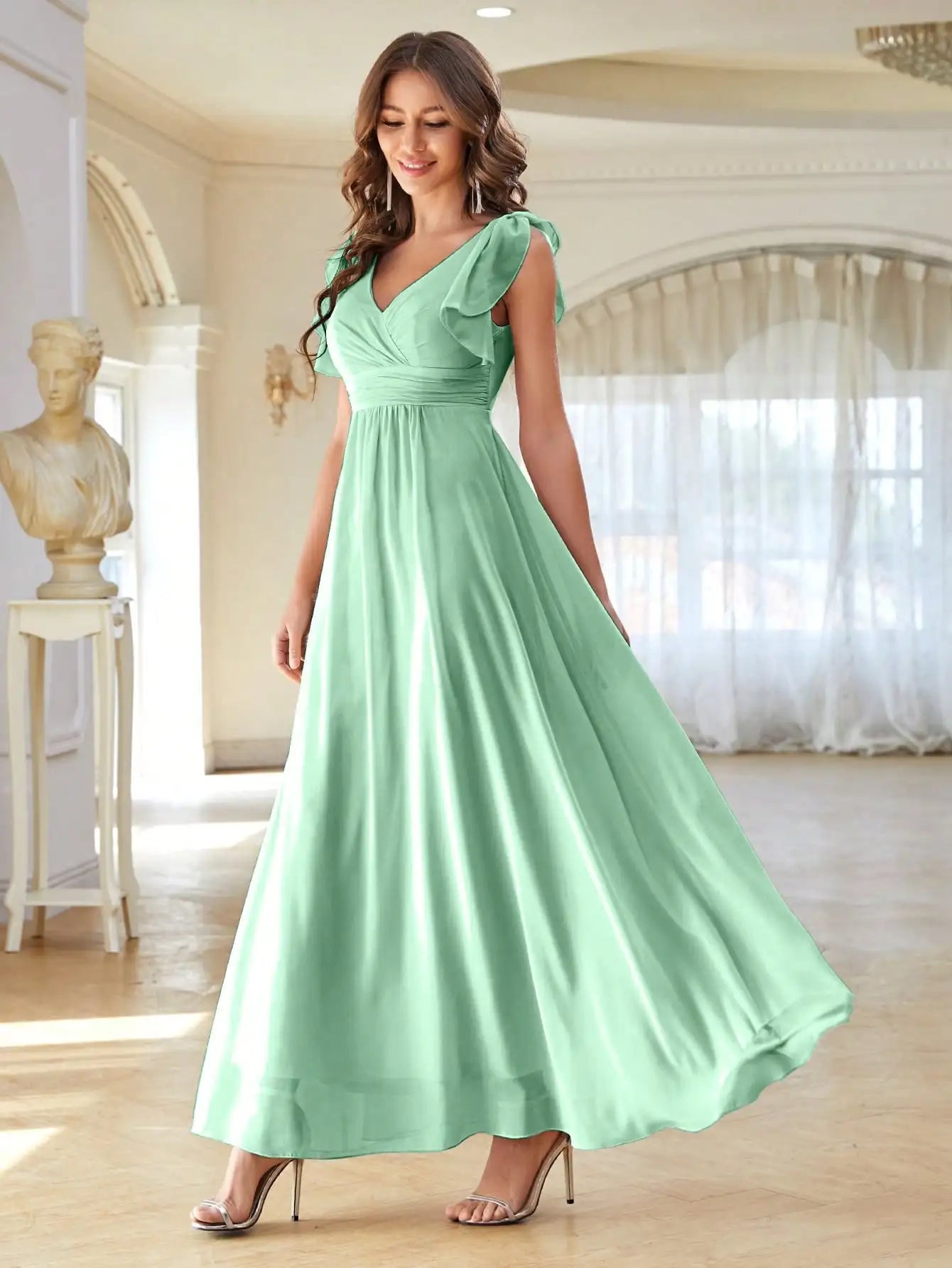 Satin A-Line Flutter Sleeve Evening Gown