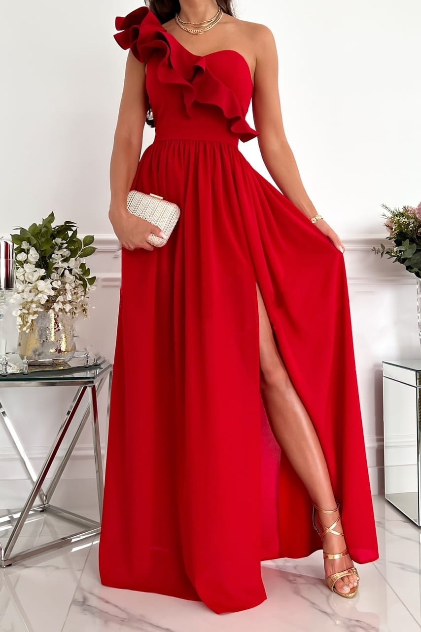 Women's One-Shoulder Maxi Dress - Structured Ruffle - High Slit - Elegant Evening Wear