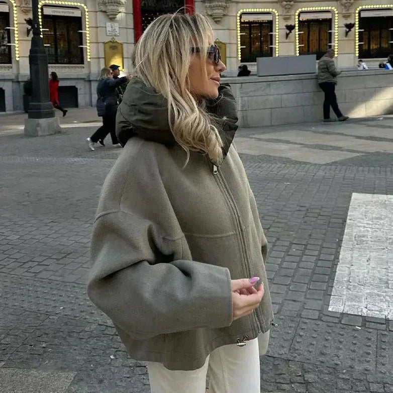 Wool Blend Oversized Hooded Zip Jacket 