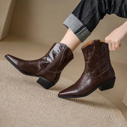 Western-style pointed-toe ankle boots for women