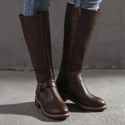 Women's high-top biker boots with chunky heel and buckle design