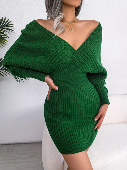 Women's Knitted Sweater Dress - Bodycon Fit - V-Neck - Ribbed Long Sleeve Mini Dress
