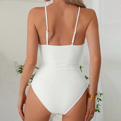 Women’s One-Piece Swimsuit – Ribbed Texture – Deep V-Neck – Cut-Out Knot Detail – Slim Fit