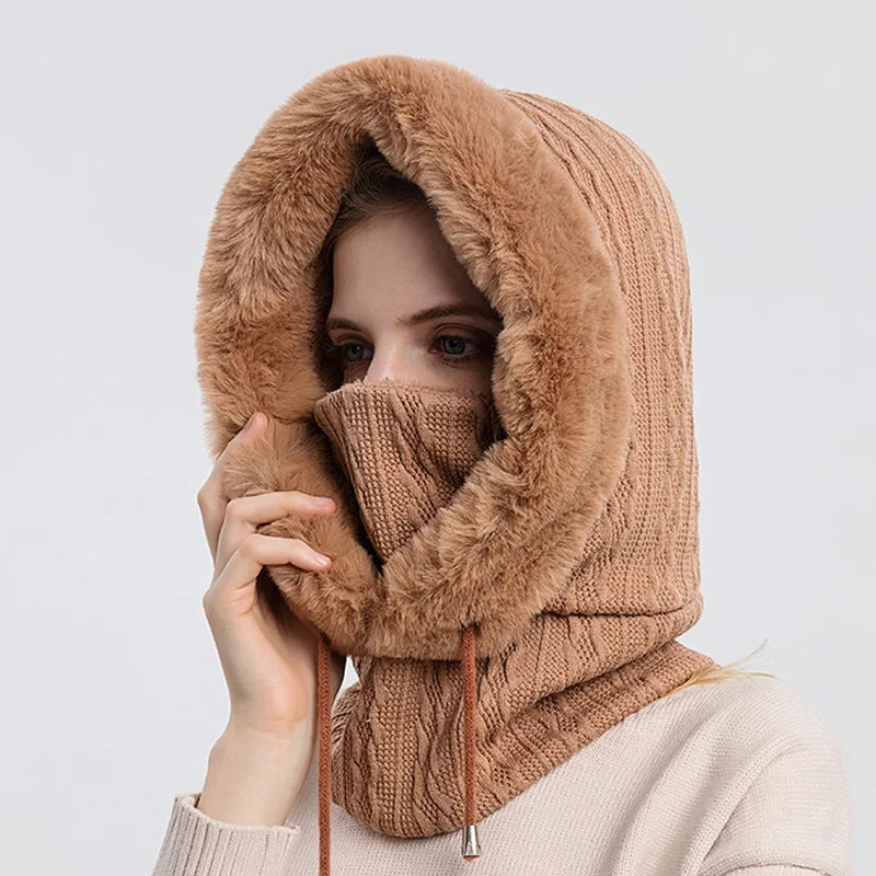 Amelia Fit Hooded Neck Warmer | Cable Knit Fur Trim Neck Warmer