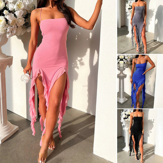 Satin Finish Slim Fit Ruffle Hem Midi Dress